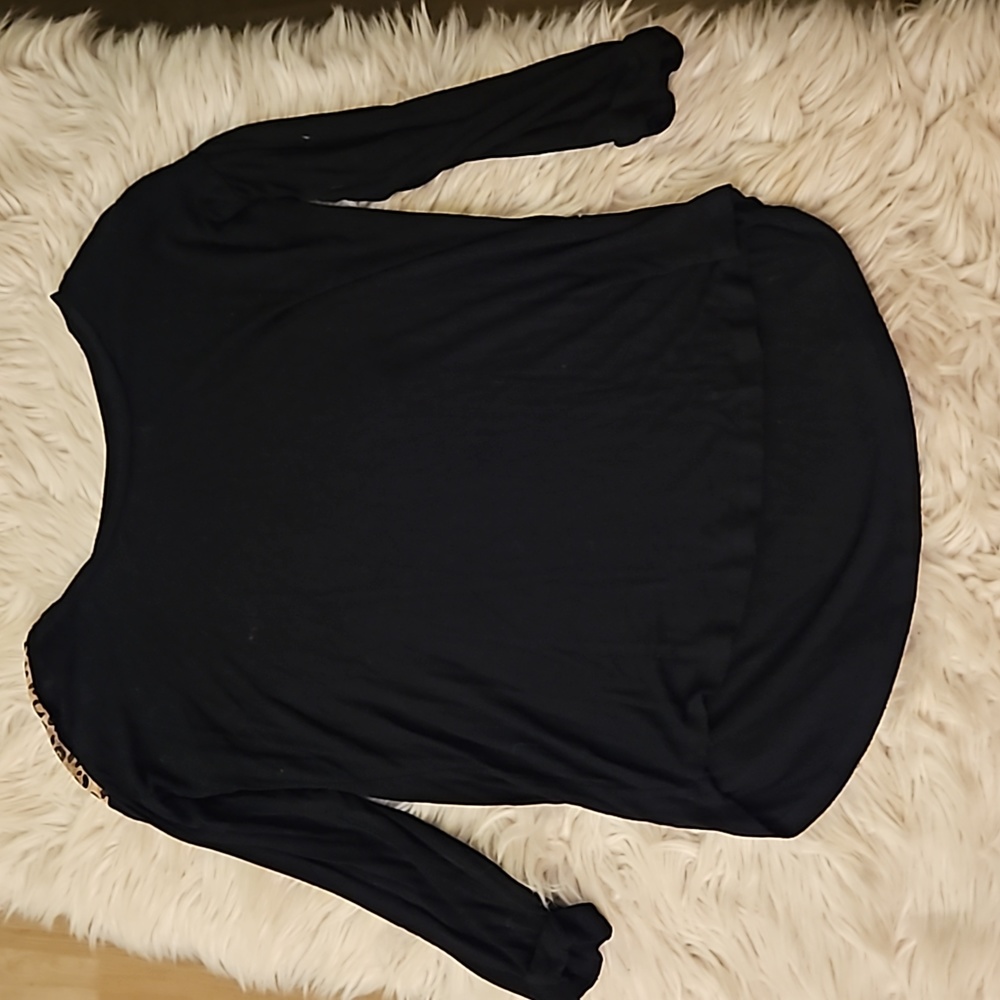 Charming Charlie Black & Leopard Sheer Panel Top – Size Medium